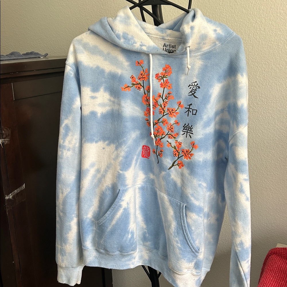 Blue Tie-Dye Hoodie with Floral Design